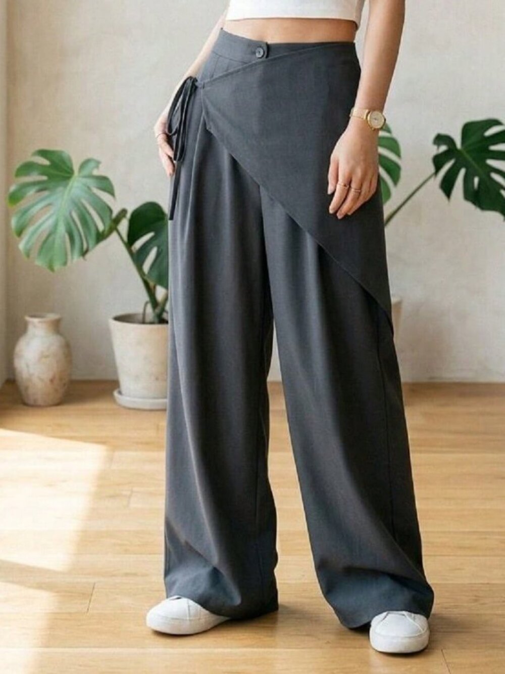 Dark Grey Casual Women's Lace-Up Wide-Leg Pants - Picture 7 of 7